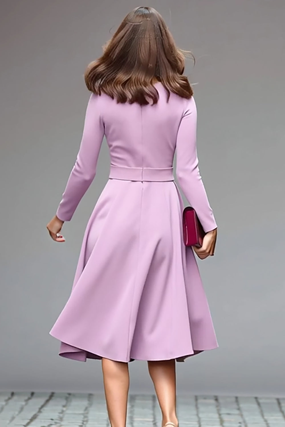 Robe de travail midi ligne à col rond lilas avec ceinture