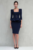 Robe de travail midi à col carré à volants bleu marine