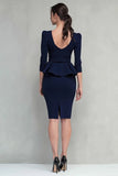 Robe de travail midi à col carré à volants bleu marine