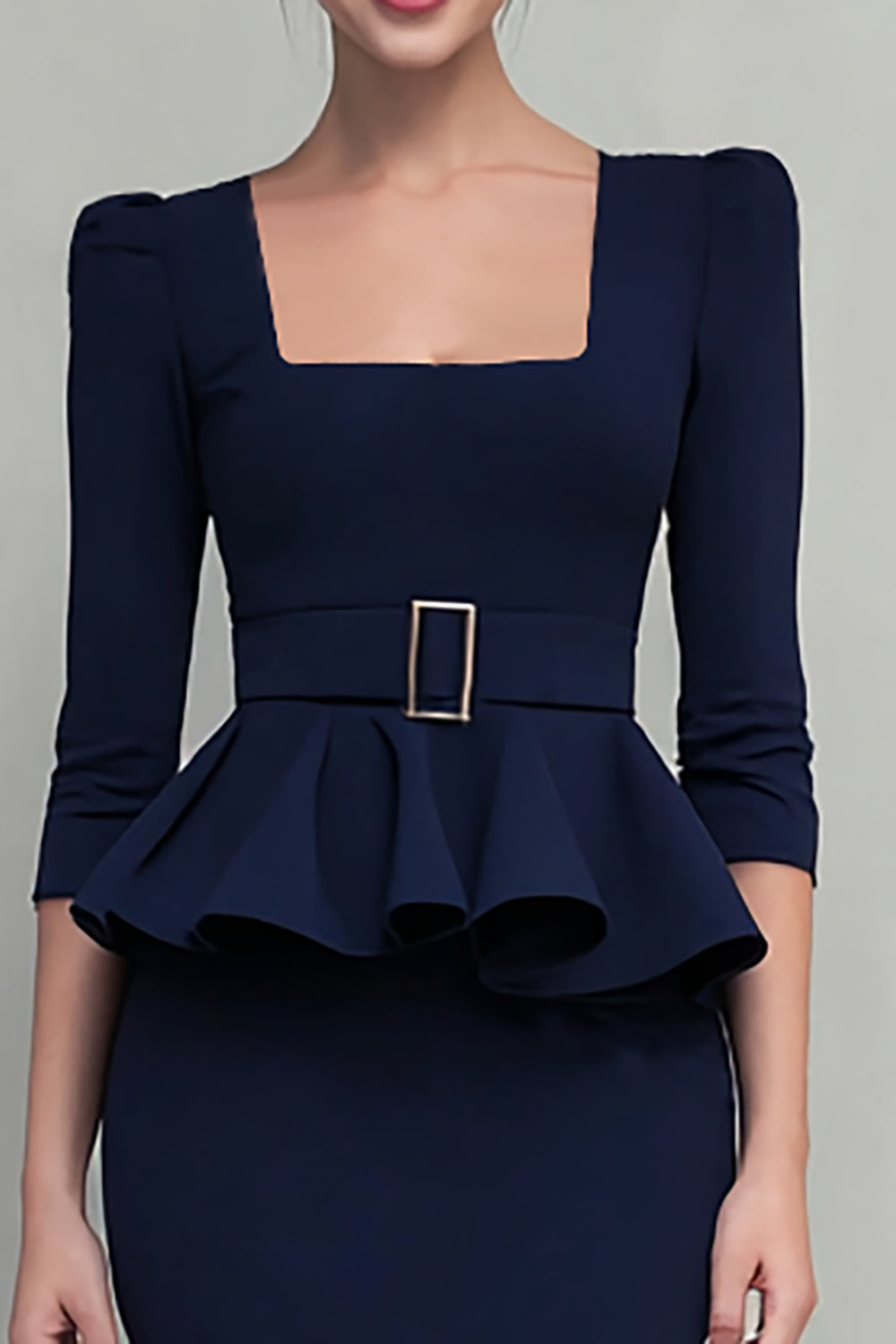 Robe de travail midi à col carré à volants bleu marine
