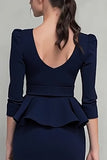 Robe de travail midi à col carré à volants bleu marine