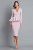 Robe de travail midi rose à volants à col en V