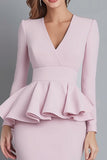 Robe de travail midi rose à volants à col en V