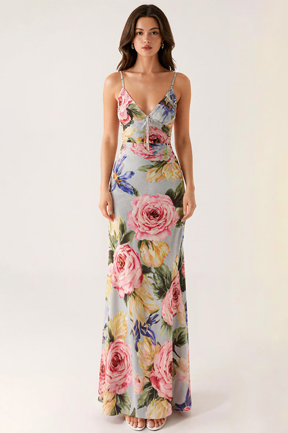 Robe de soirée sirène à bretelles spaghetti florales bleu gris