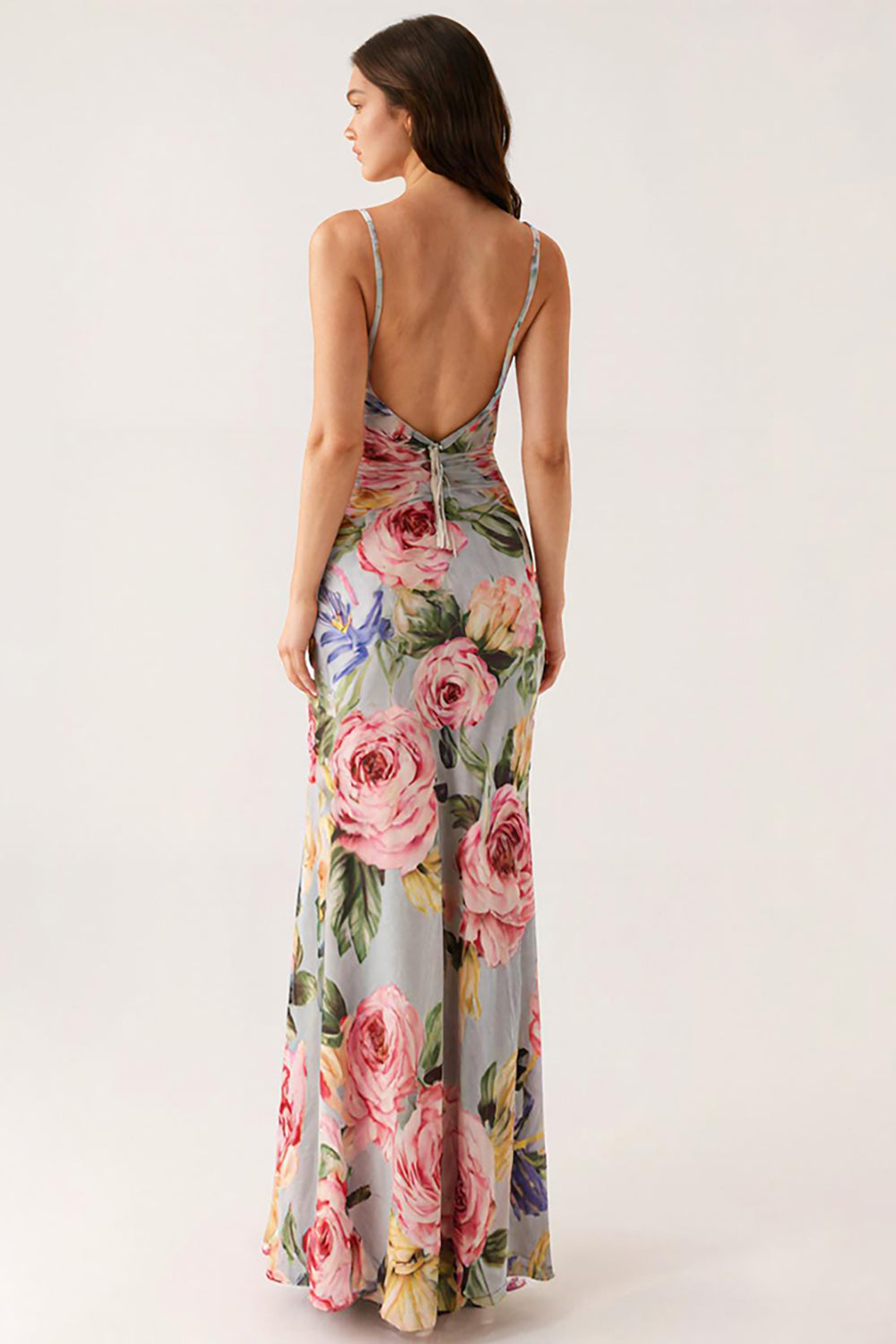 Robe de soirée sirène à bretelles spaghetti florales bleu gris