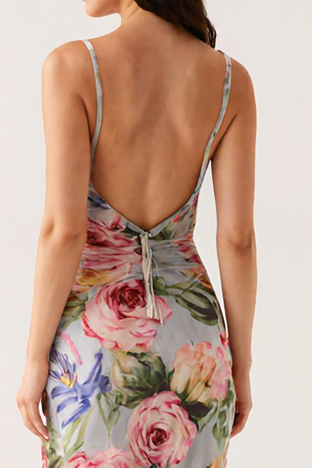 Robe de soirée sirène à bretelles spaghetti florales bleu gris