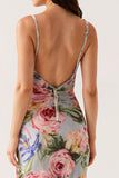 Robe de soirée sirène à bretelles spaghetti florales bleu gris
