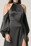 Robe formelle en satin noir dos nu avec fente