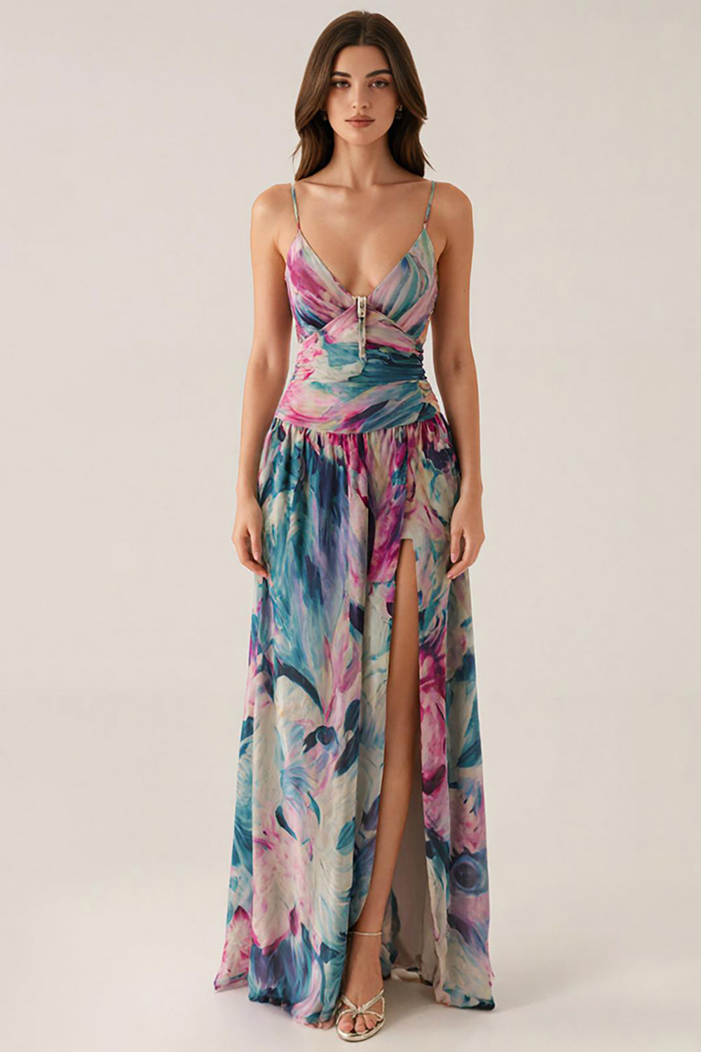 Robe formelle imprimée à bretelles spaghetti violettes