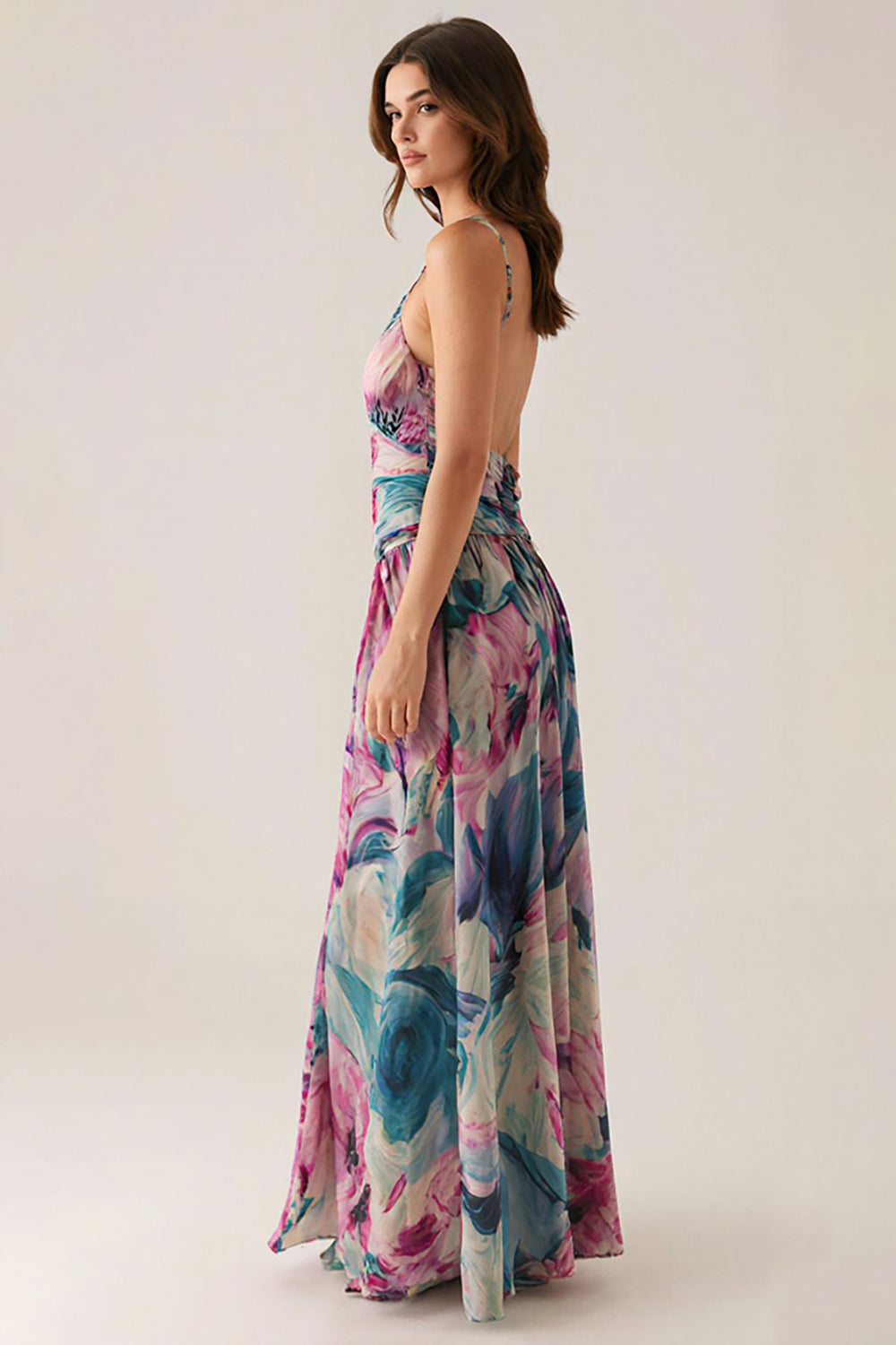 Robe formelle imprimée à bretelles spaghetti violettes