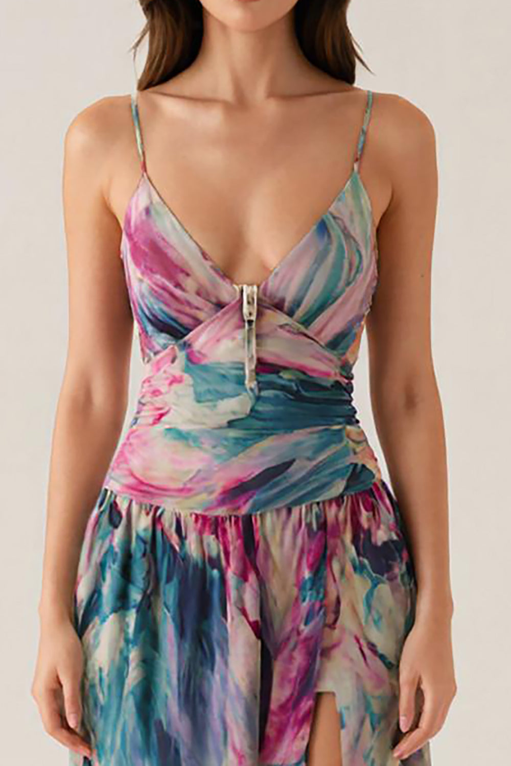 Robe formelle imprimée à bretelles spaghetti violettes
