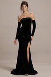 Robe longue formelle sirène sans bretelles en velours noir avec fente