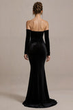 Robe longue formelle sirène sans bretelles en velours noir avec fente