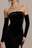 Robe longue formelle sirène sans bretelles en velours noir avec fente