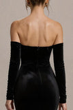 Robe longue formelle sirène sans bretelles en velours noir avec fente