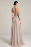 Robe longue de bal à bretelles spaghetti en satin rose clair