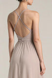Robe longue de bal à bretelles spaghetti en satin rose clair