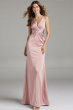 Robe longue de bal froncée en satin rose clair