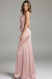 Robe longue de bal froncée en satin rose clair