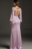 Robe formelle à manches longues en satin sirène violet clair avec fente