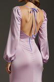 Robe formelle à manches longues en satin sirène violet clair avec fente