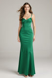 Robe longue formelle en satin vert sirène spaghetti bretelles