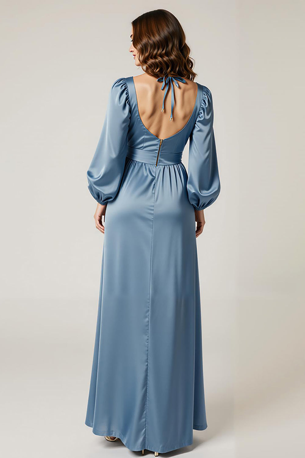 Lac Bleu Satin Fourreau Volants Manches Longues Robe Formelle avec Fente