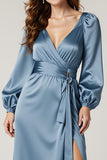 Lac Bleu Satin Fourreau Volants Manches Longues Robe Formelle avec Fente