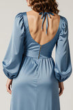 Lac Bleu Satin Fourreau Volants Manches Longues Robe Formelle avec Fente