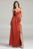 Burunt Orange Spaghetti Straps Robe longue formelle froncée avec fente