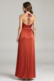 Burunt Orange Spaghetti Straps Robe longue formelle froncée avec fente
