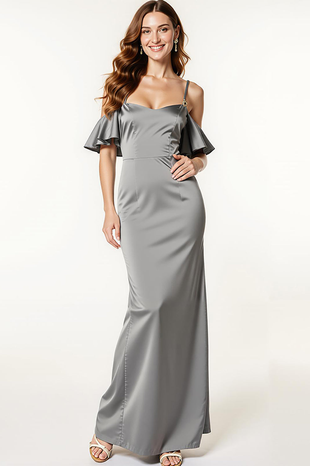 Robe longue formelle sirène en satin gris acier à épaules dénudées