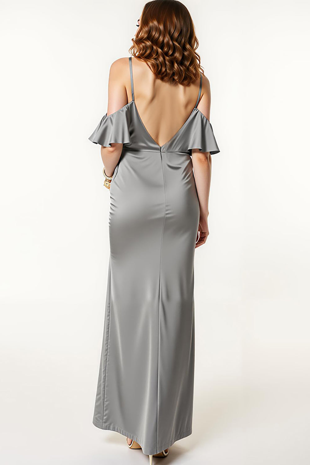 Robe longue formelle sirène en satin gris acier à épaules dénudées