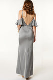 Robe longue formelle sirène en satin gris acier à épaules dénudées