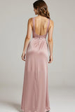 Robe formelle froncée en satin rose clair à col en V