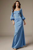 Robe formelle à manches longues sirène en satin bleu ciel à col carré