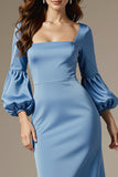 Robe formelle à manches longues sirène en satin bleu ciel à col carré