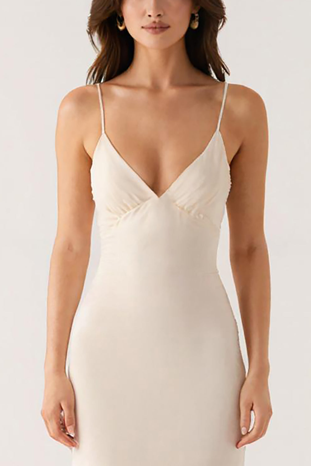 Robe longue formelle à bretelles spaghetti fourreau ivoire