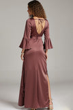 Robe longue formelle en satin de café fourreau à col en V avec fente