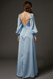 Robe longue formelle à manches en satin bleu clair Sweetheart