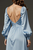 Robe longue formelle à manches en satin bleu clair Sweetheart