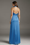 Robe longue formelle en satin bleu lac