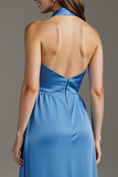 Robe longue formelle en satin bleu lac