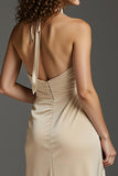 Robe longue formelle à fourreau dos nu en satin champagne avec poches