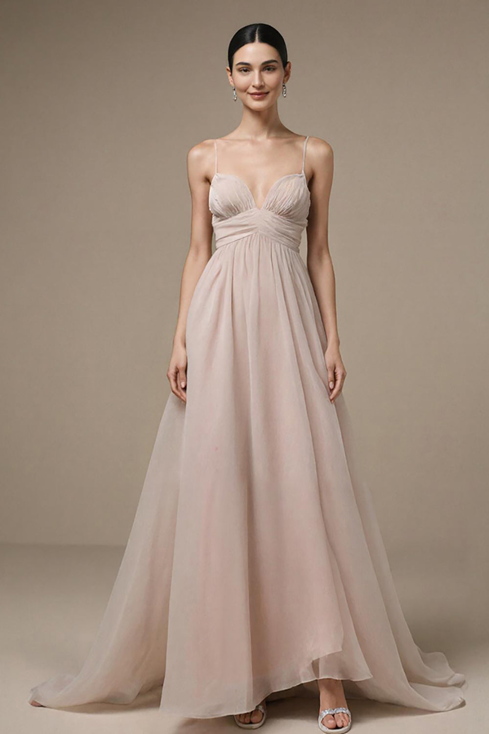 Robe longue formelle à bretelles spaghetti rose clair