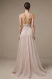 Robe longue formelle à bretelles spaghetti rose clair