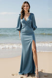 Robe longue formelle en satin à col en V bleu ciel avec fente
