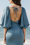 Robe longue formelle en satin à col en V bleu ciel avec fente