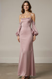 Robe longue formelle en satin sirène rose clair avec manches