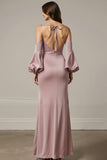 Robe longue formelle en satin sirène rose clair avec manches